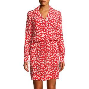 Diane von Furstenberg Taya Silk Shirt Dress Red White Floral Tie Waist Size 14